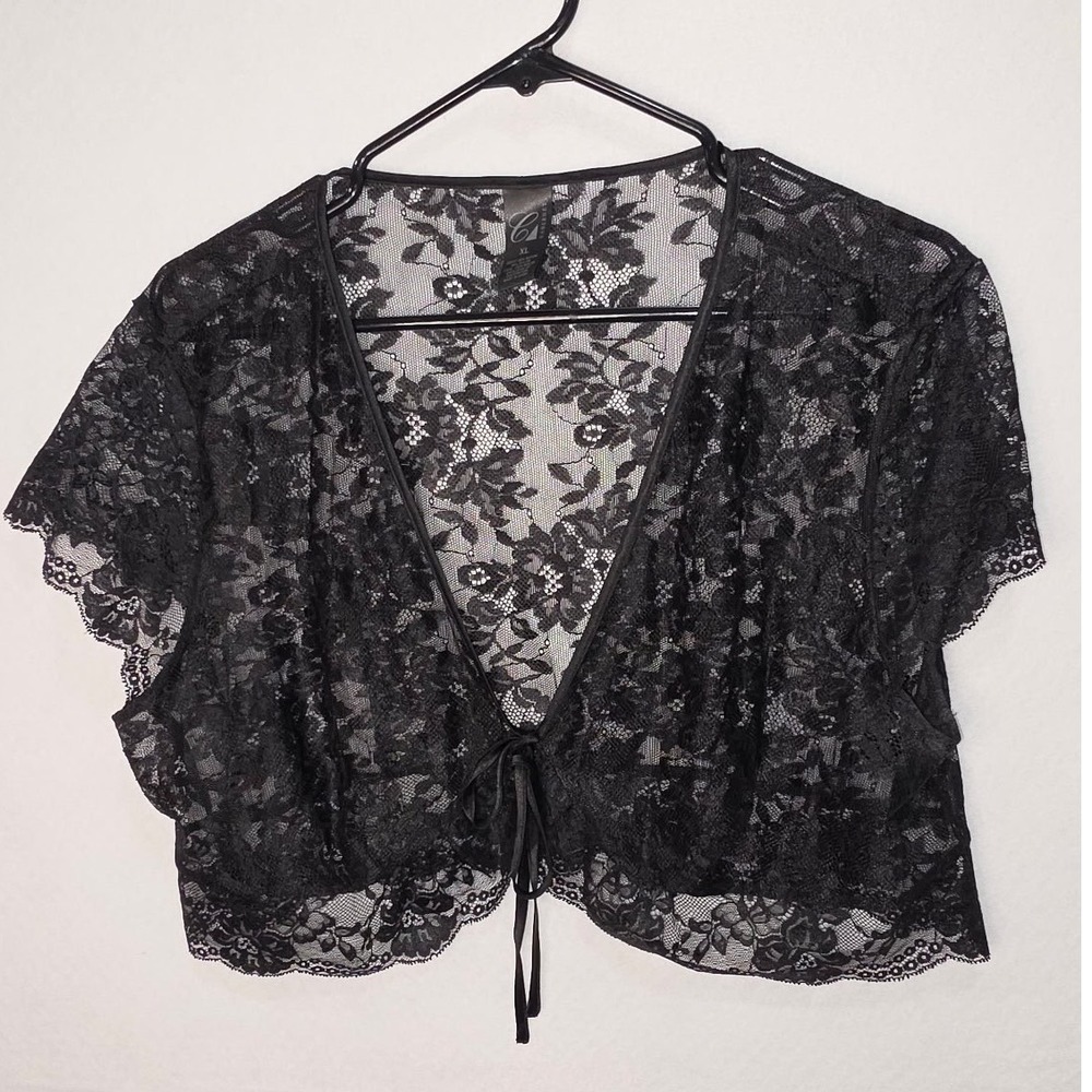 Cabernet Black Floral Lace Bolero Shrug Cropped Tie Front Short Sleeve XL